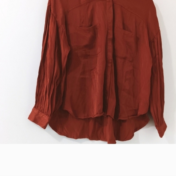 Anthropologie Darrah Western Sophisticated Rust Satin Pleated Button Down Top - Picture 6 of 12